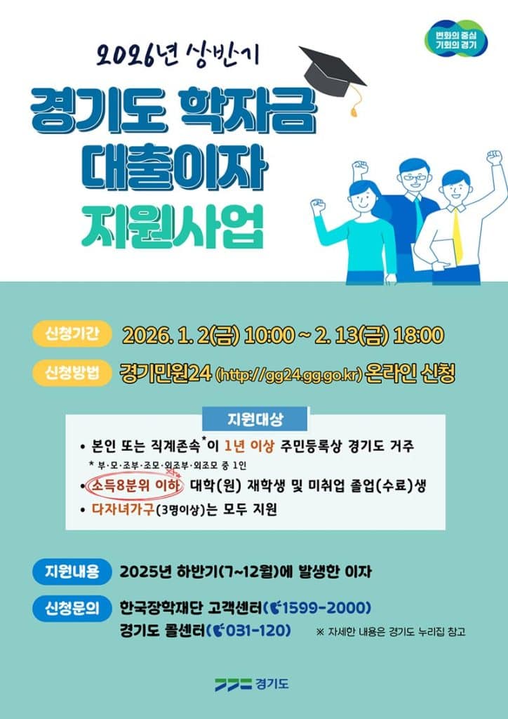 2026년 상반기 경기도 대학(원)생 학자금 대출이자 지원 안내(~2.13.(금) 18:00)
